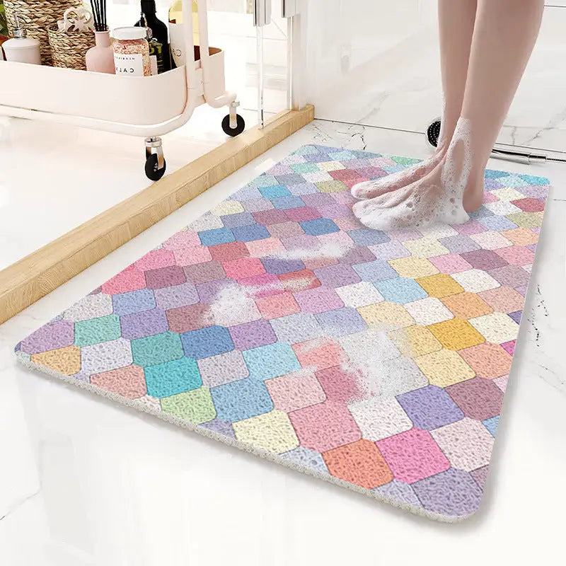 Colorful Scale Pattern PVC Non-Slip Bath Mat 50x80cm - Shower Drain Hole Design Soft & Quick-Dry Bathroom Rug - Home &