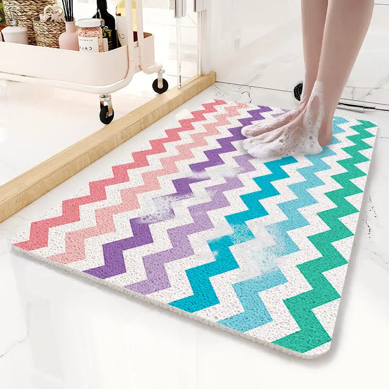 Colorful Wavy Lines Pattern PVC Non-Slip Bath Mat 50x80cm - Shower Drain Hole Design Soft & Quick-Dry Bathroom Rug