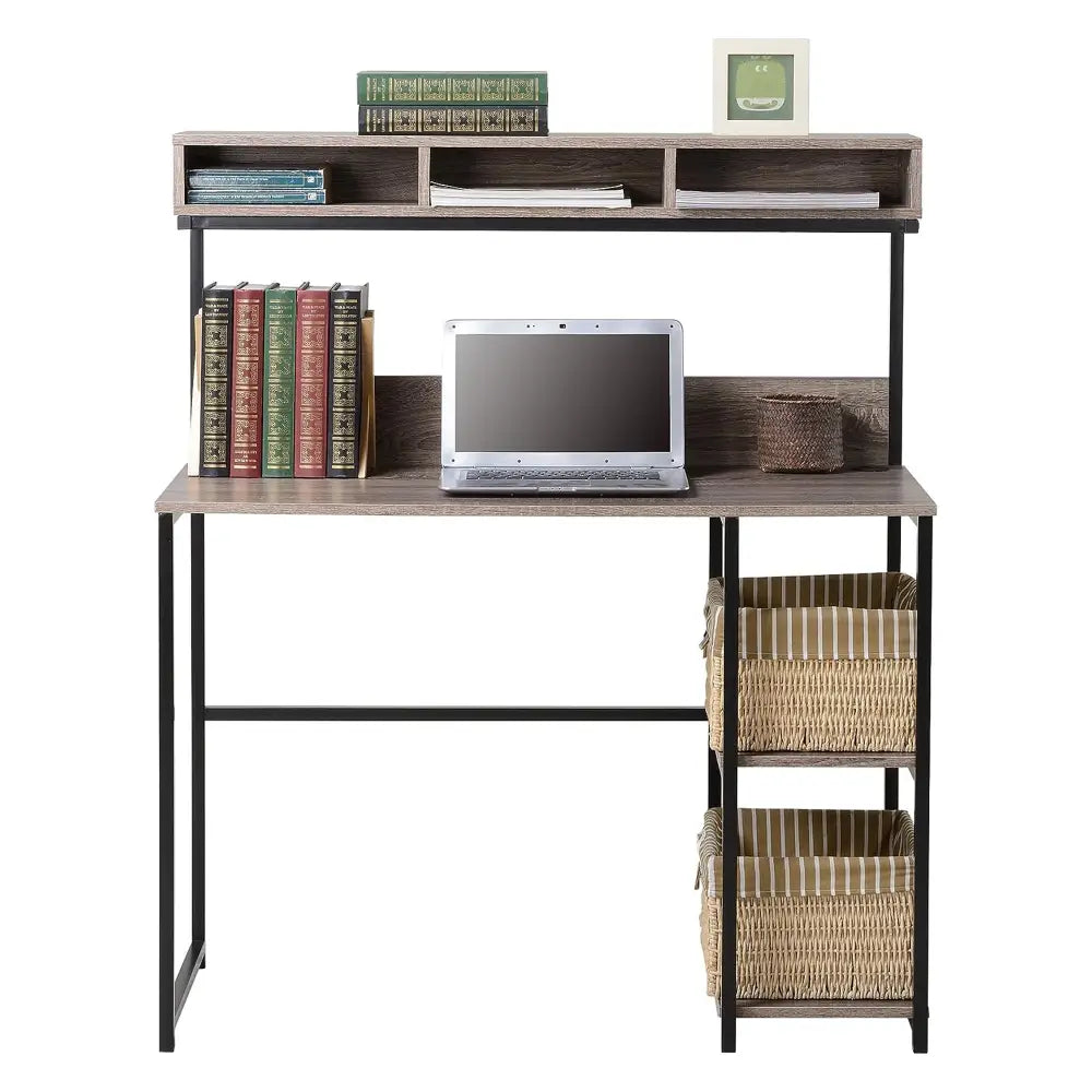Computer Desk with Hutch in Greyish Brown - Furniture > Office