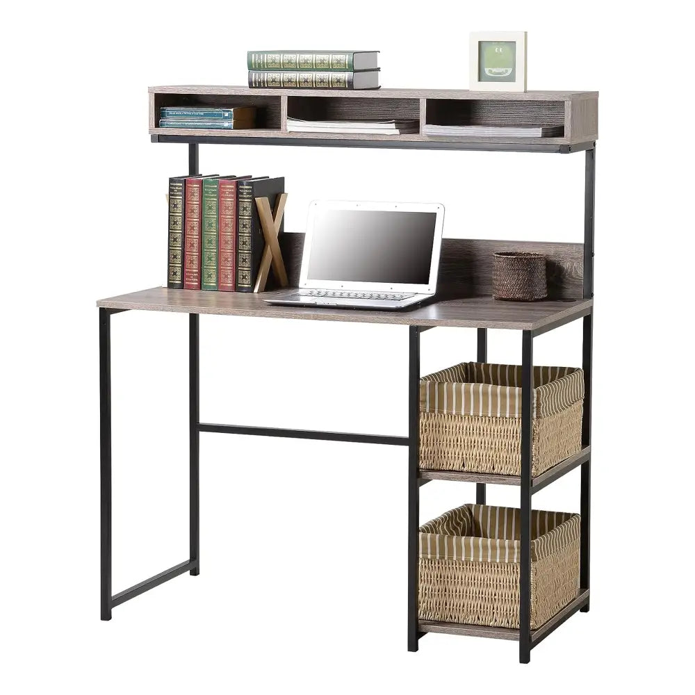 Computer Desk with Hutch in Greyish Brown - Furniture > Office