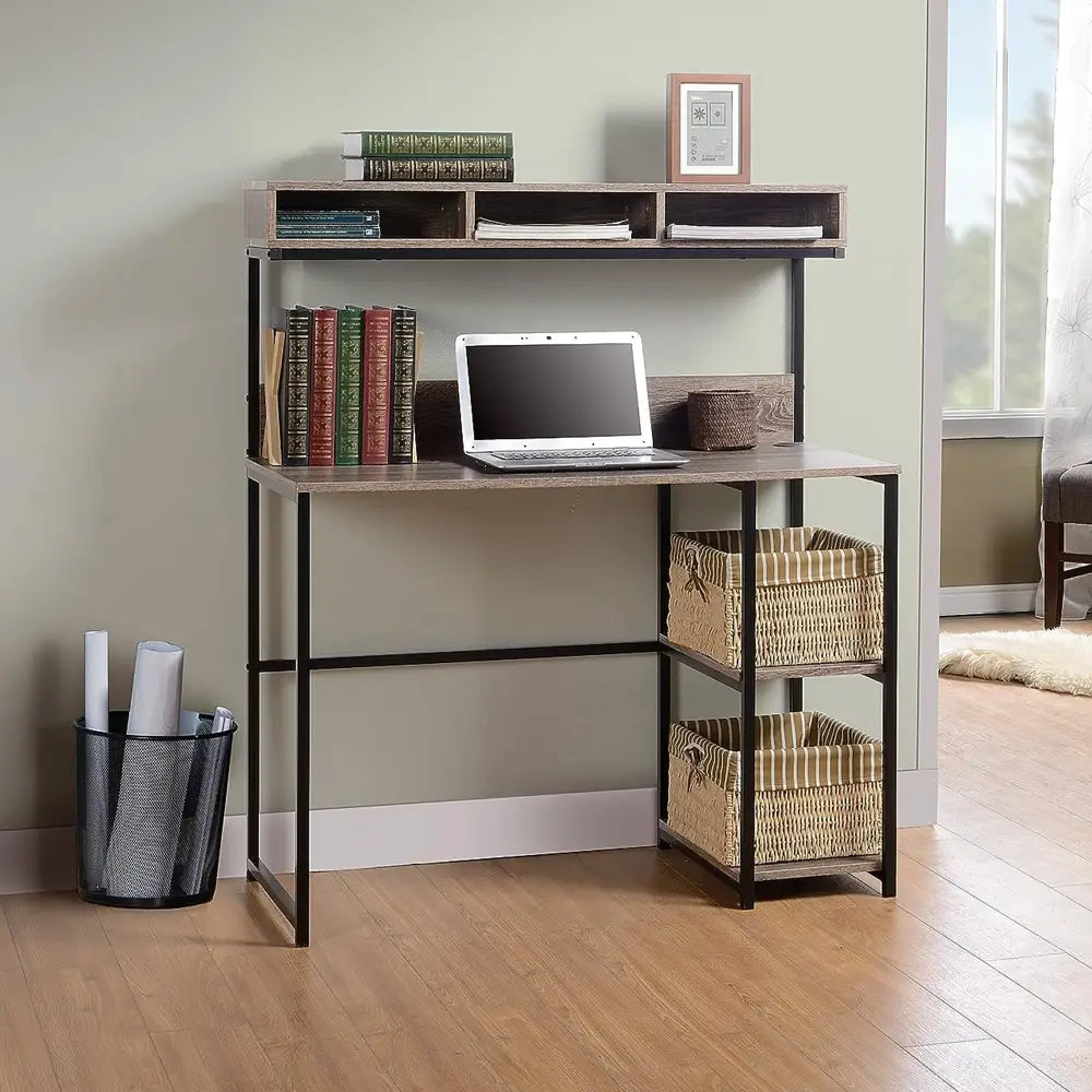 Computer Desk with Hutch in Greyish Brown - Furniture > Office