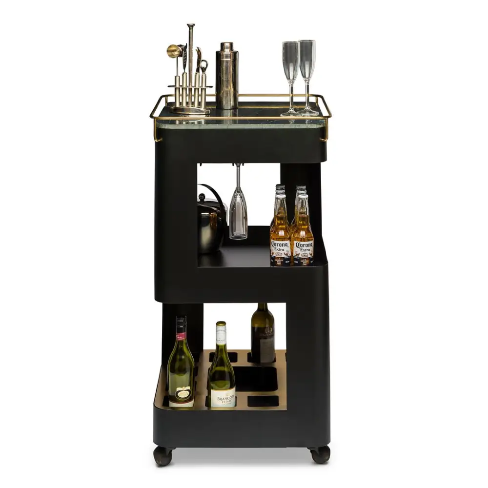Contemporary Black Gold Drinks Trolley Bar Cart with Marble Top - Furniture > Living Room