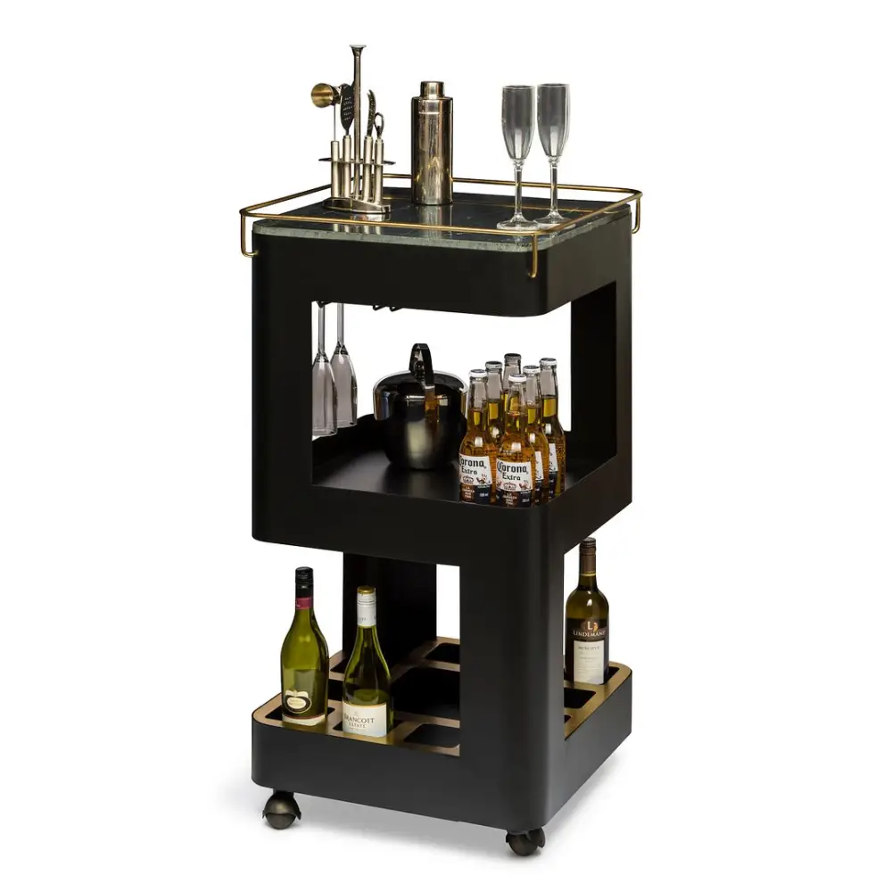 Contemporary Black Gold Drinks Trolley Bar Cart with Marble Top - Furniture > Living Room