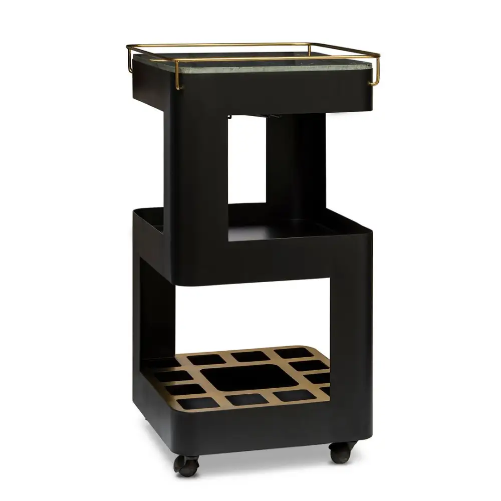 Contemporary Black Gold Drinks Trolley Bar Cart with Marble Top - Furniture > Living Room