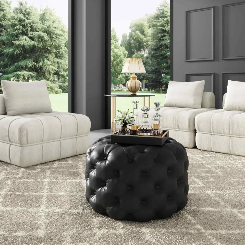 Contemporary Black Leather-look Ottoman with Button - Furniture > Bedroom
