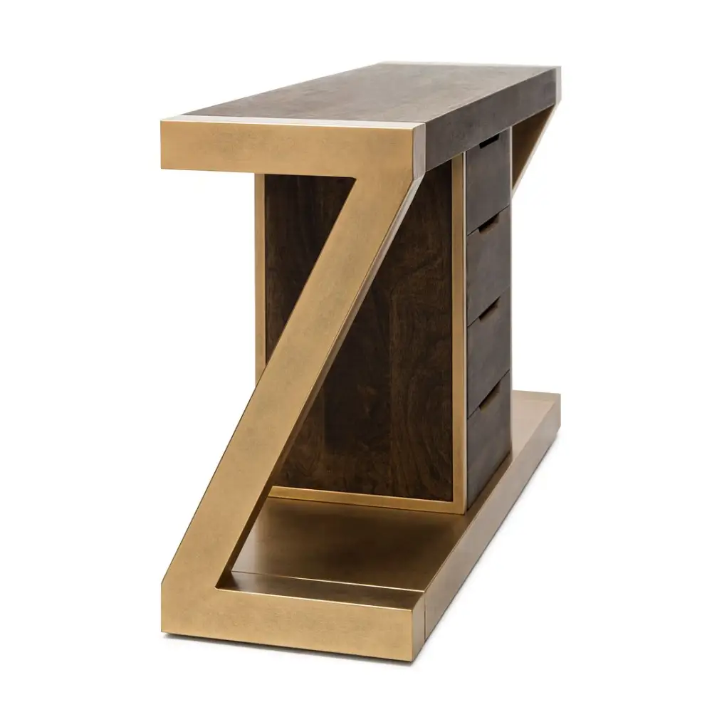 Contemporary Brass Wooden Z-Shaped Hallway Console Table with Drawers - Furniture > Living Room