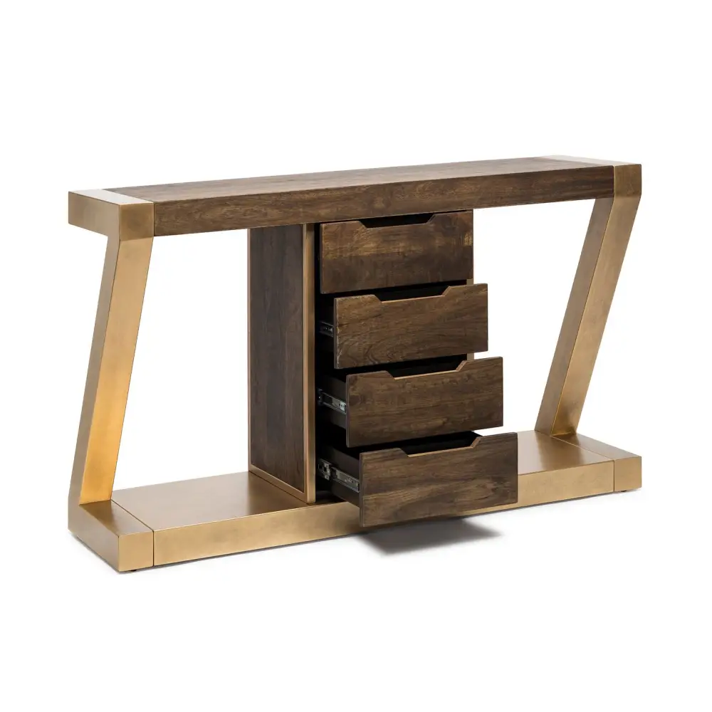 Contemporary Brass Wooden Z-Shaped Hallway Console Table with Drawers - Furniture > Living Room