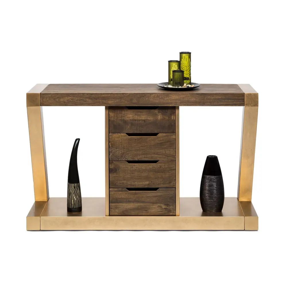 Contemporary Brass Wooden Z-Shaped Hallway Console Table with Drawers - Furniture > Living Room