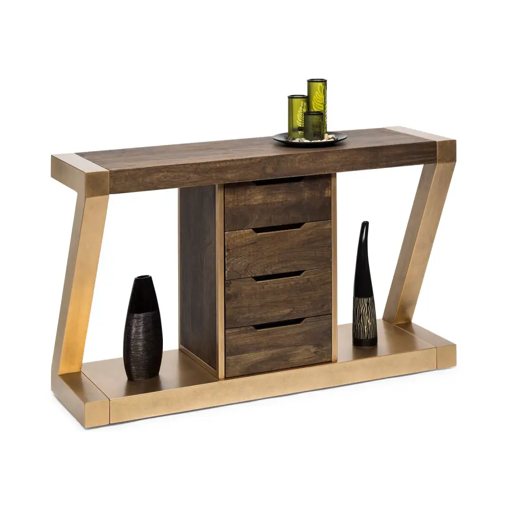 Contemporary Brass Wooden Z-Shaped Hallway Console Table with Drawers - Furniture > Living Room
