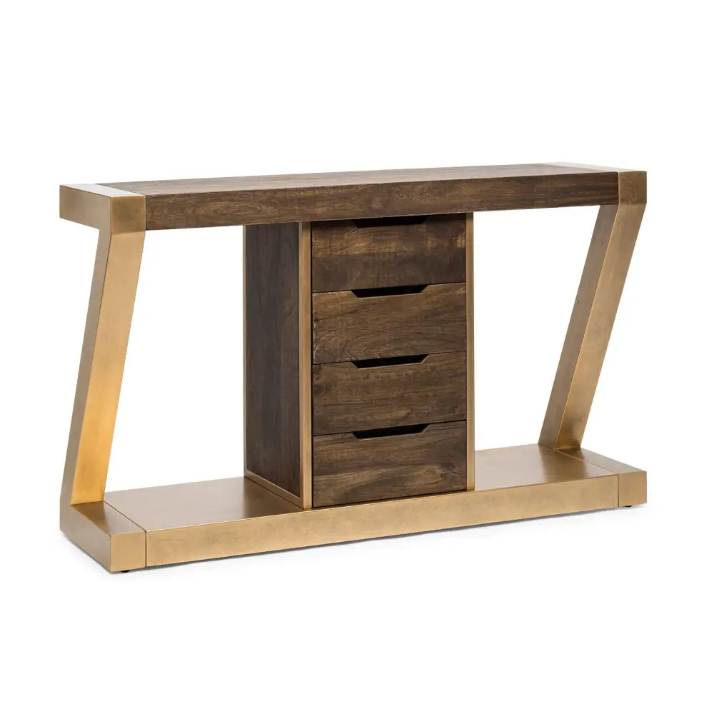 Contemporary Brass Wooden Z-Shaped Hallway Console Table with Drawers - Furniture > Living Room