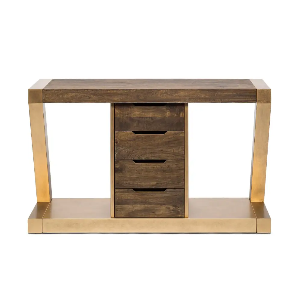 Contemporary Brass Wooden Z-Shaped Hallway Console Table with Drawers - Furniture > Living Room