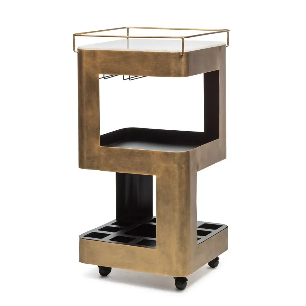 Contemporary French Brass Drinks Trolley Bar Cart with White Marble Top - Furniture > Living Room