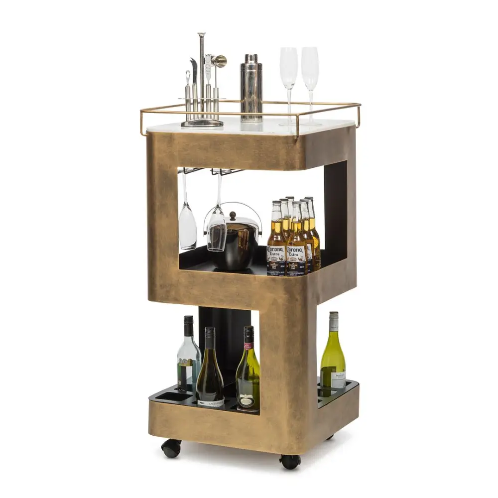 Contemporary French Brass Drinks Trolley Bar Cart with White Marble Top - Furniture > Living Room