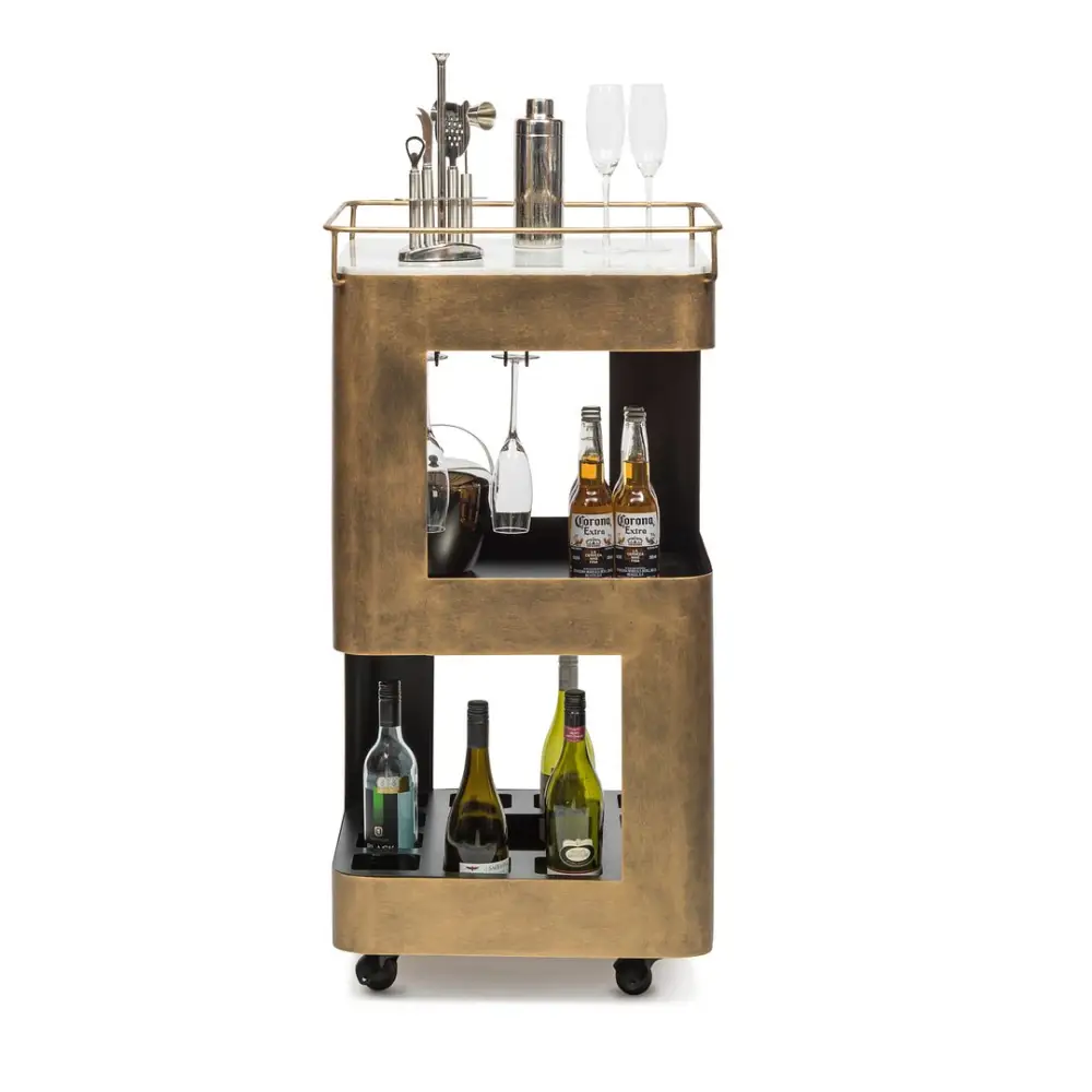 Contemporary French Brass Drinks Trolley Bar Cart with White Marble Top - Furniture > Living Room