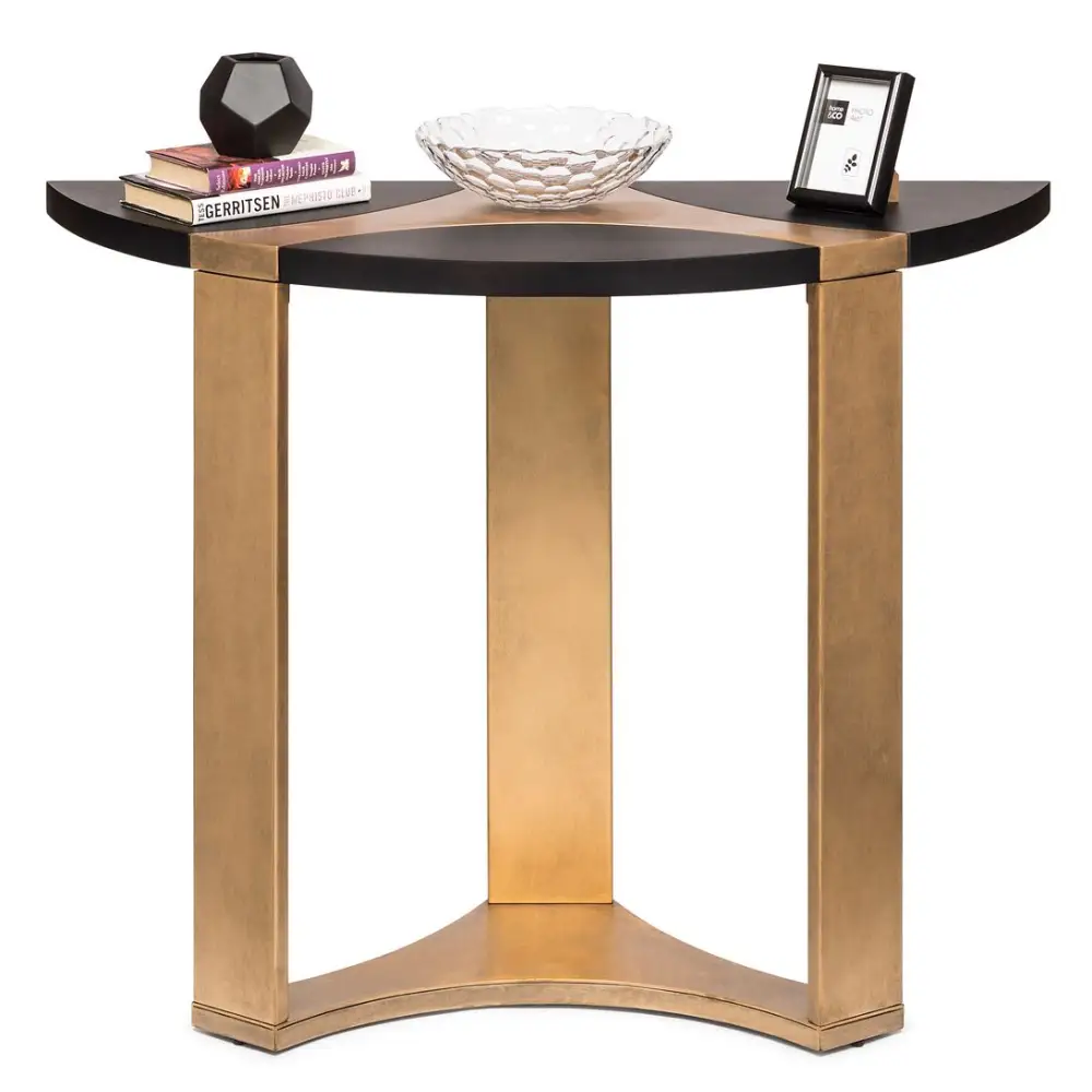 Contemporary Half Round Brass and Black Hallway Console Table - Furniture > Living Room