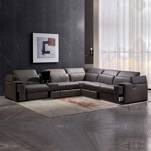 Corner Sofa Square Wedge Finest Genuine Leather Grey Electric Recliner Storage Drawer with 2x Cup Holders Lounge Set