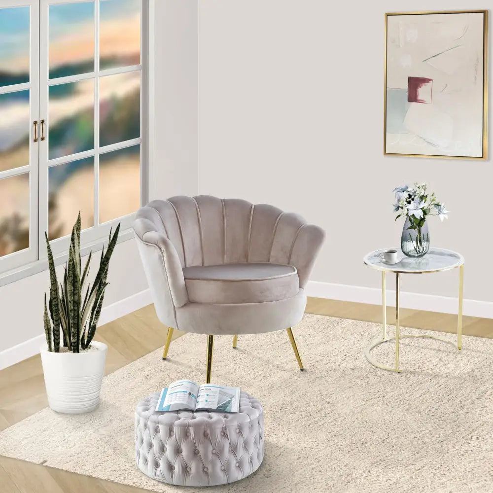 Cosmos Tufted Velvet Fabric Round Ottoman Footstools - Beige - Furniture > Sofas
