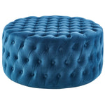 Cosmos Tufted Velvet Fabric Round Ottoman Footstools - Blue - Furniture > Sofas