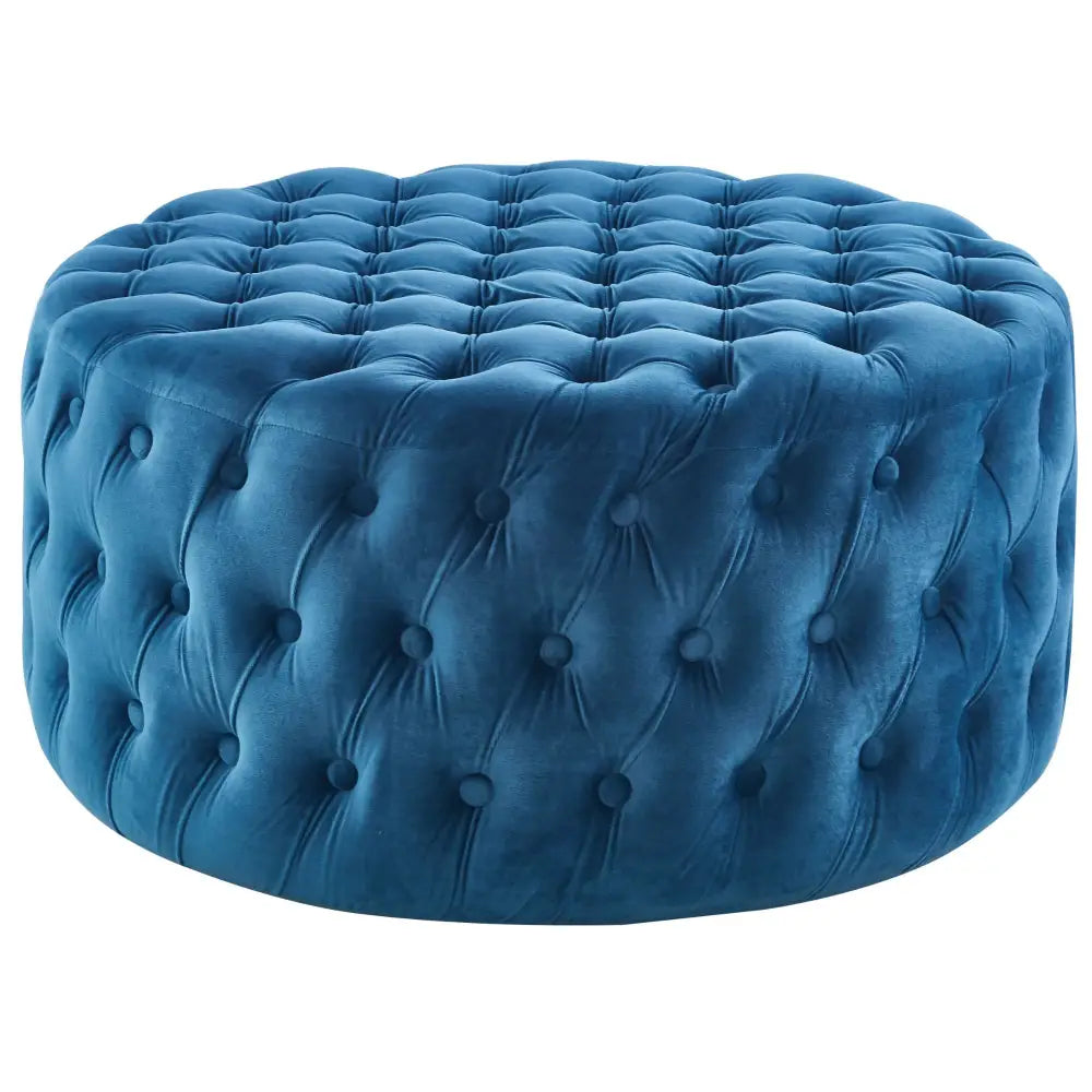 Cosmos Tufted Velvet Fabric Round Ottoman Footstools - Blue - Furniture > Sofas
