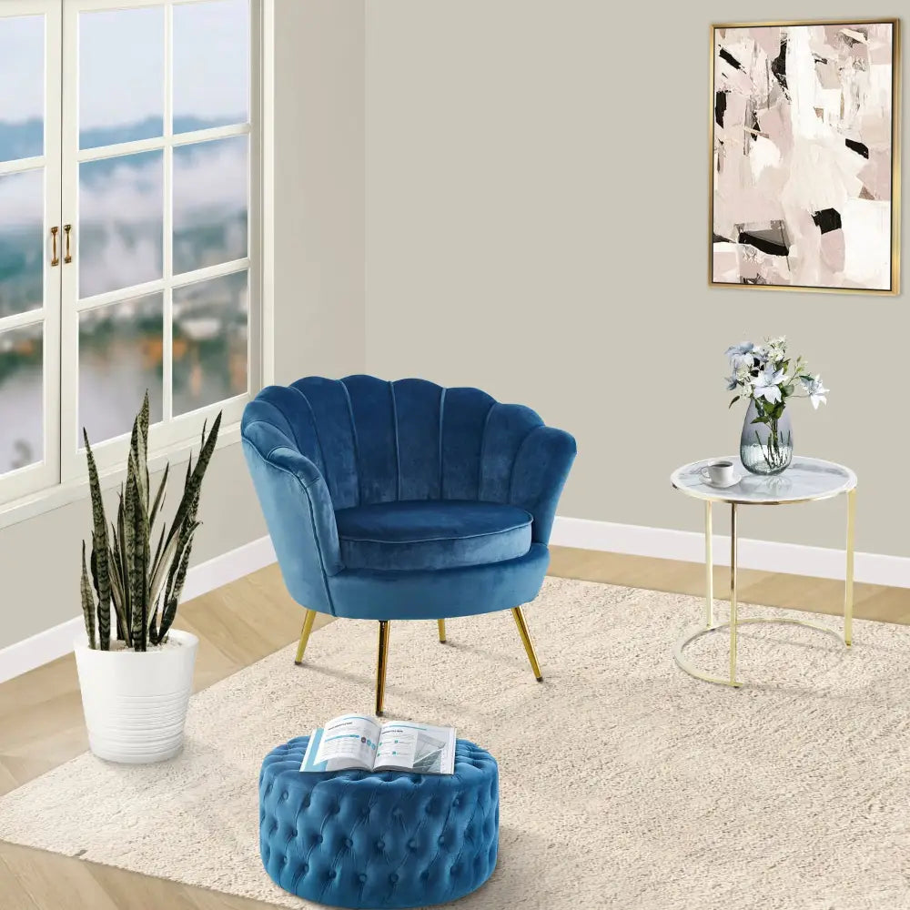 Cosmos Tufted Velvet Fabric Round Ottoman Footstools - Blue - Furniture > Sofas