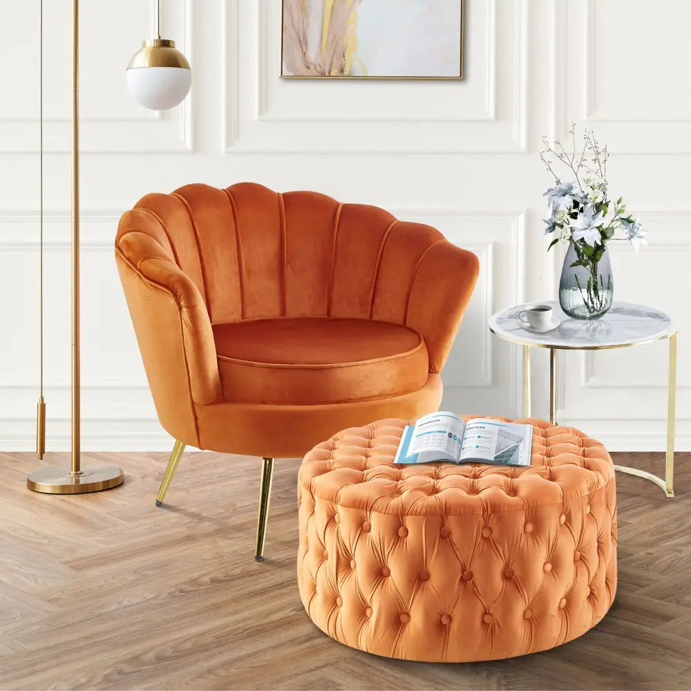 Cosmos Tufted Velvet Fabric Round Ottoman Footstools - Cinnamon - Furniture > Sofas