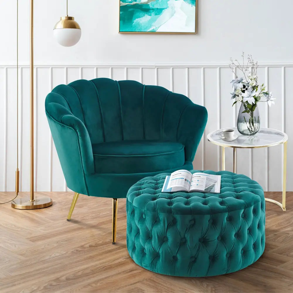 Cosmos Tufted Velvet Fabric Round Ottoman Footstools - Green - Furniture > Sofas