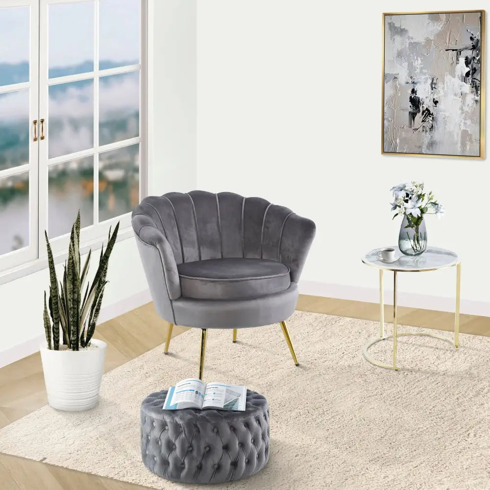 Cosmos Tufted Velvet Fabric Round Ottoman Footstools - Grey - Furniture > Sofas