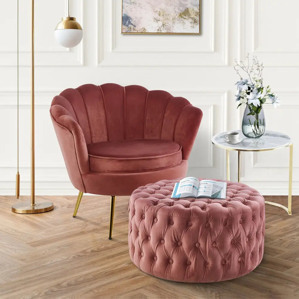 Cosmos Tufted Velvet Fabric Round Ottoman Footstools - Rose Pink - Furniture > Sofas