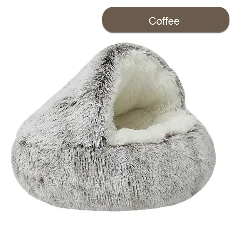 Cozy Coffee Plush Hooded Pet Bed - Ultra Soft Long Fur Cave Bed for Small Pets 50cm - Pet Care > Cat Supplies > Cat