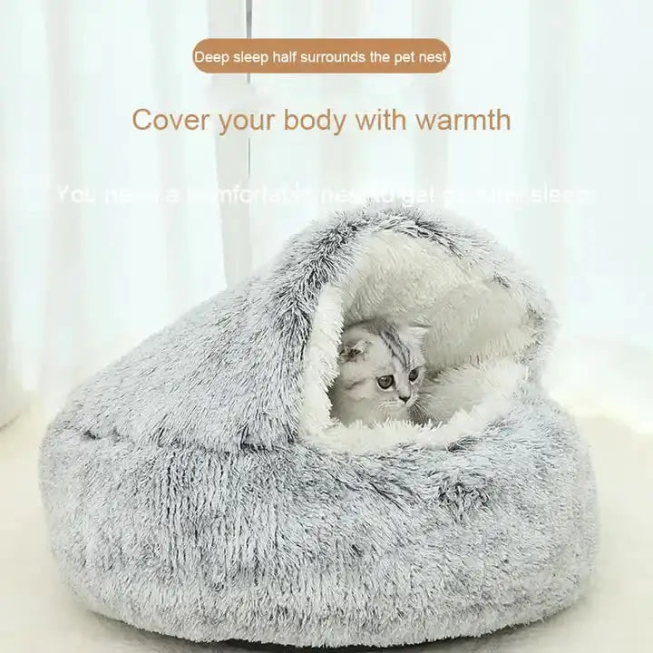 Cozy Gray Plush Hooded Pet Bed - Ultra Soft Long Fur Cave Bed for Small Pets 50cm - Pet Care > Cat Supplies > Cat
