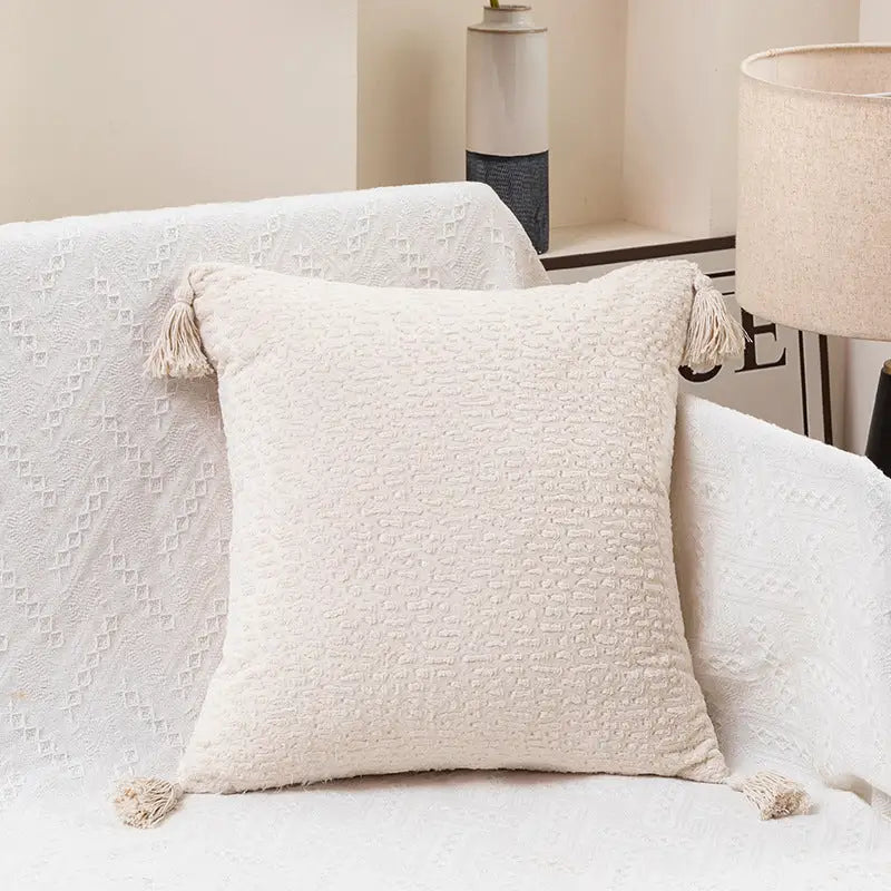 Cream White Set of 2 Textured Velvet Throw Pillow Covers with Tassels - Decorative Square Cushions 45*45cm - Home &