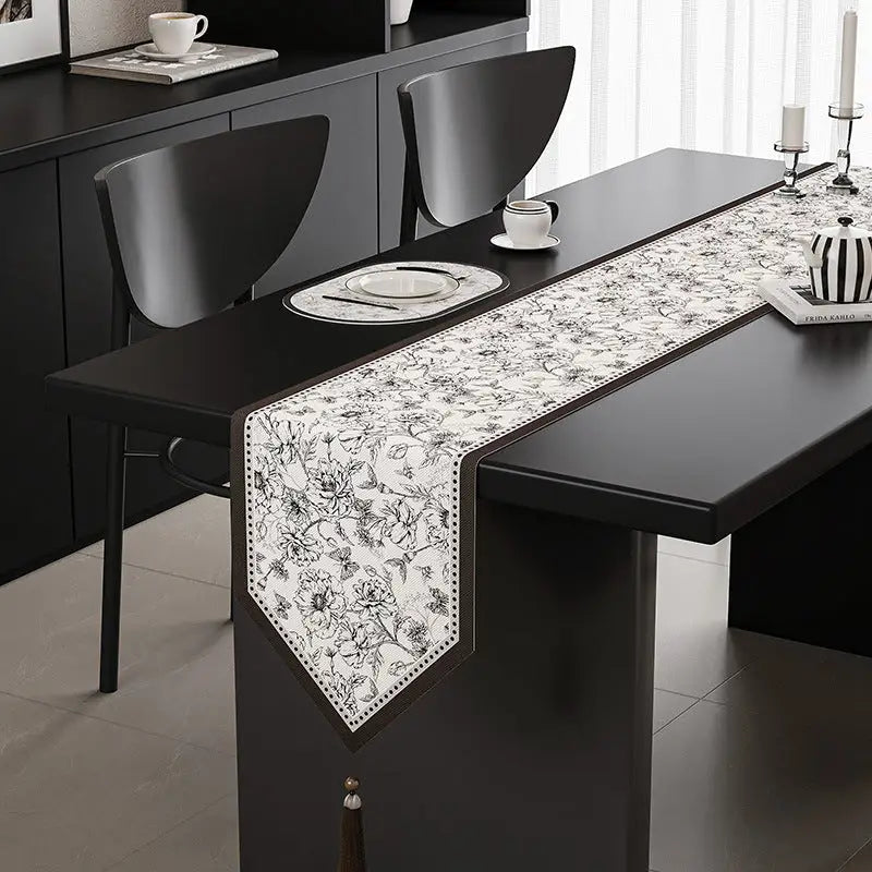 crushed Flower Elegant Green Botanical Table Runner with Tassels - 30x180cm - Furniture > Dining > Dining Set