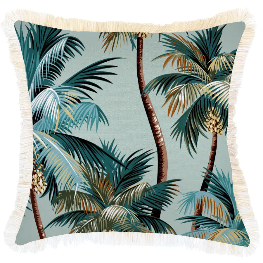 Cushion Cover-Coastal Fringe-Palm Trees Seafoam-45cm x 45cm - Home & Garden > Decor > Cushions & Throws