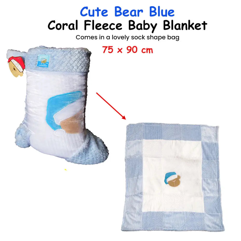 Cute Bear Blue Coral Fleece Baby Blanket 75 x 90 cm - Home & Garden > Bedding