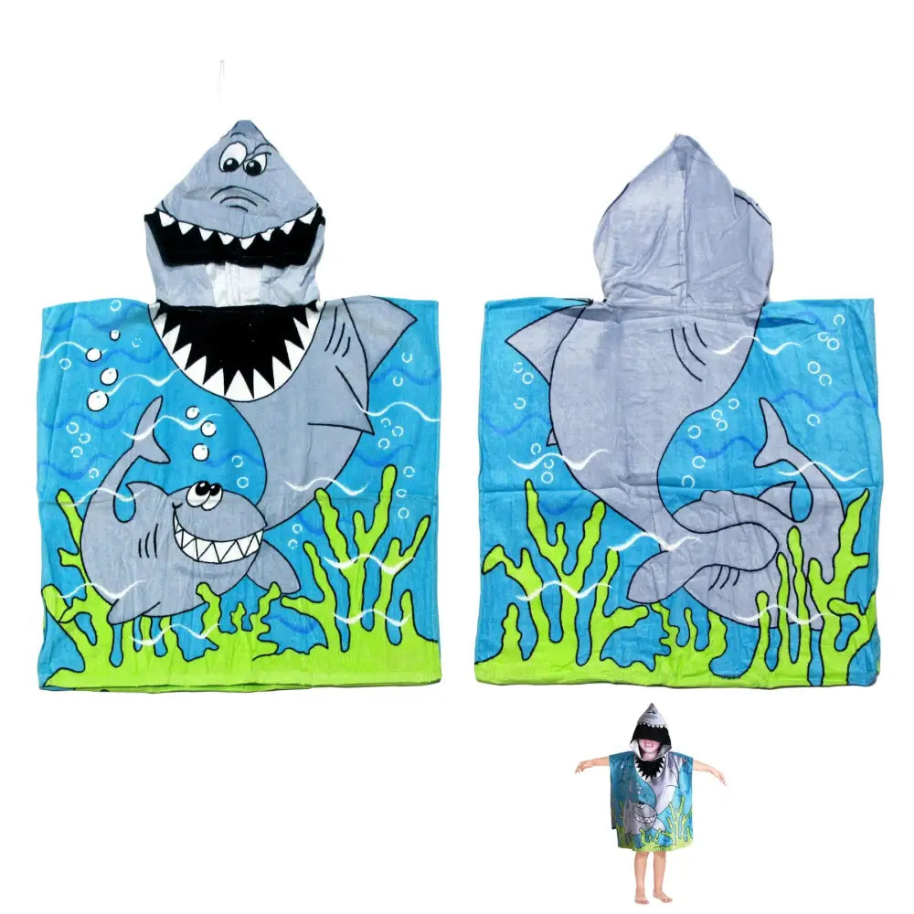 Cute Kids Cotton Hooded Towel Poncho 60 x 120 cm Shark - Home & Garden > Pool & Accessories > Beach Towels