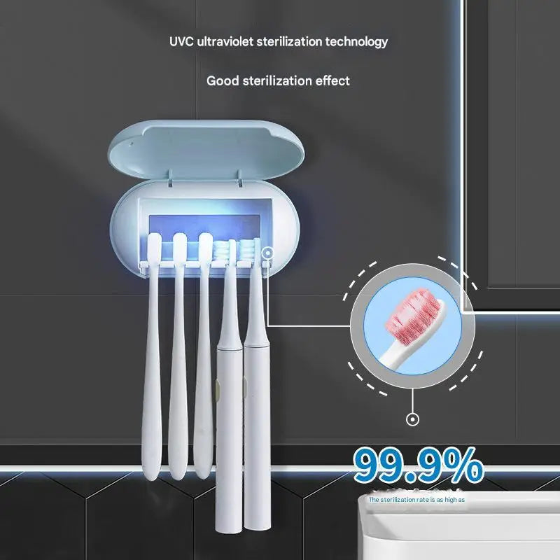 Cyan Wall-Mounted Toothbrush Sterilizer with UV-C Disinfection and Drying - USB Rechargeable Family 5-Brush Holder ABS