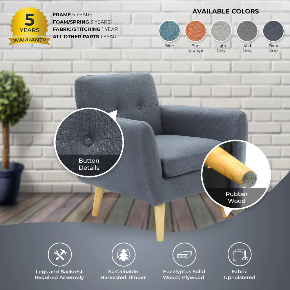 Dane Single Seater Fabric Upholstered Sofa Armchair Lounge Couch - Dark Grey - Furniture > Sofas