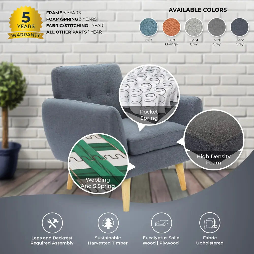 Dane Single Seater Fabric Upholstered Sofa Armchair Lounge Couch - Dark Grey - Furniture > Sofas