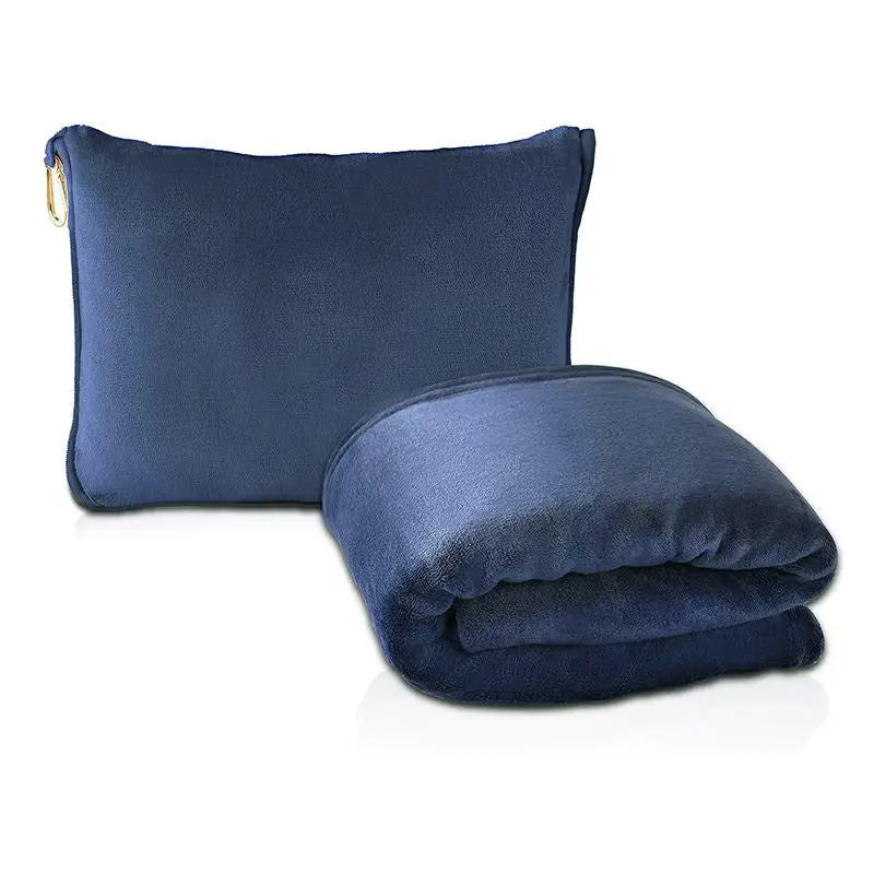 Dark Blue 2-in-1 Plush Travel Blanket & Pillow Set - Soft Flannel with Luggage Strap & Carabiner (50x60in) - Home &