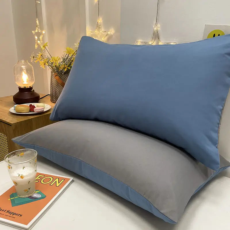 Dark Blue And Grey Washed Cotton Pillowcase Set - Solid Color Simple Two-Tone Design 48x74cm (Pair) - Home & Garden >