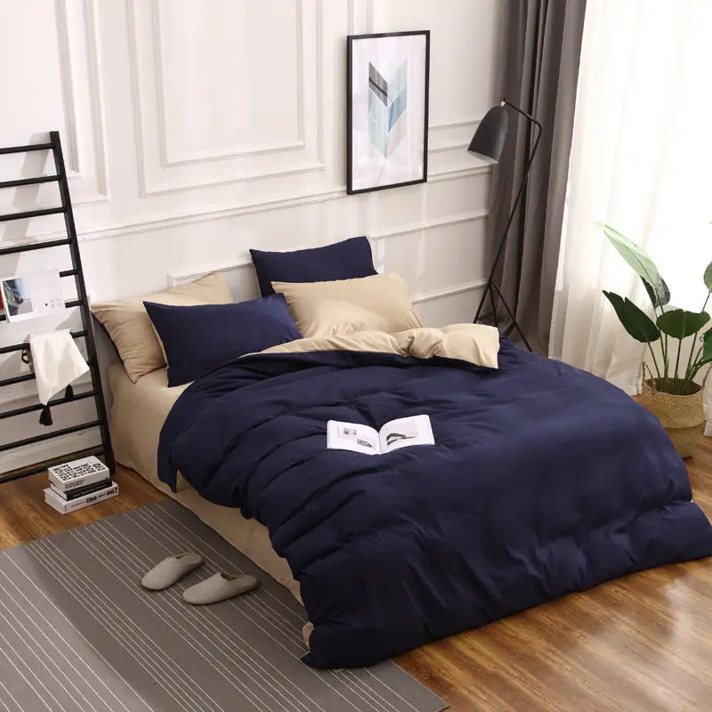 Dark Blue And Khaki Stitching Ultra-Soft Solid Color 4-Piece Bedding Set - Queen Size(Suitable for 2m bed) - Home &