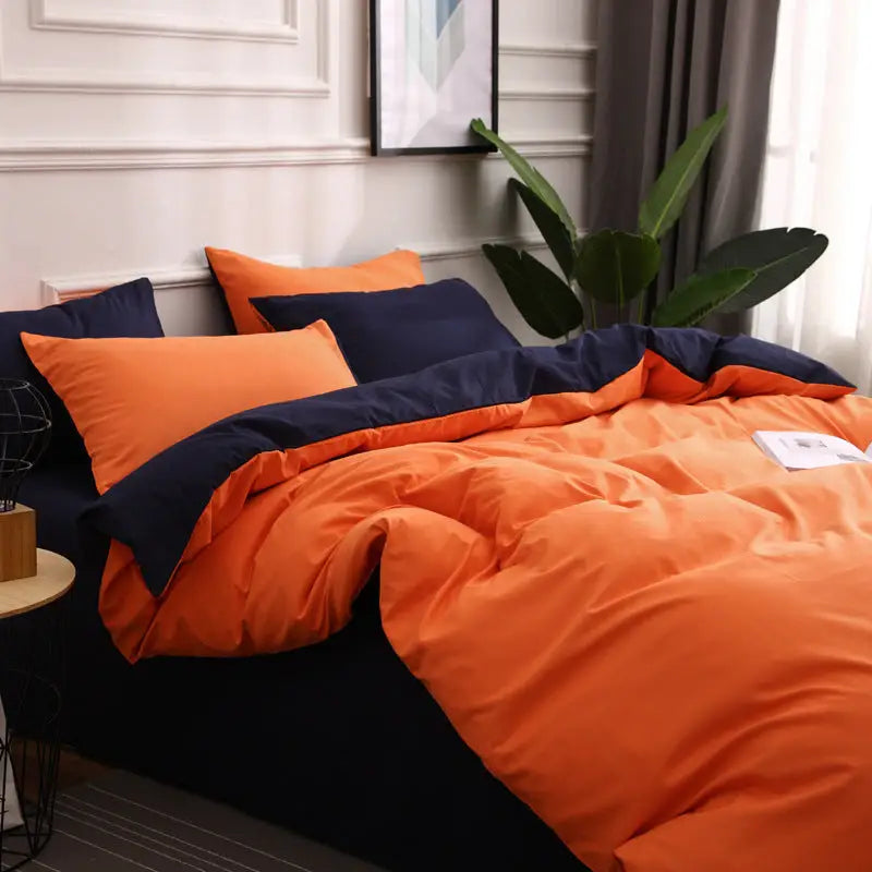 Dark Blue And Orange Stitching Ultra-Soft Solid Color 4-Piece Bedding Set - Queen Size(Suitable for 2m bed) - Home &