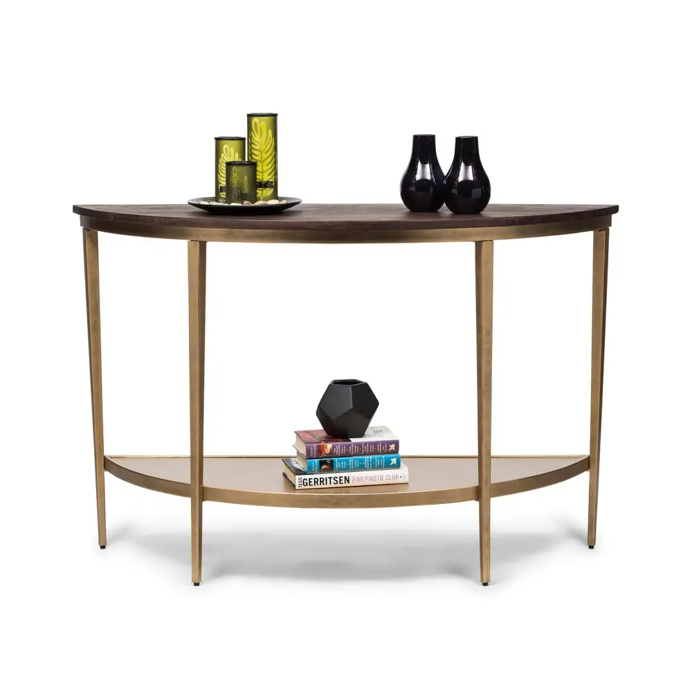 Dark French Brass Half Round Hallway Console Table with Wood Top - Furniture > Living Room