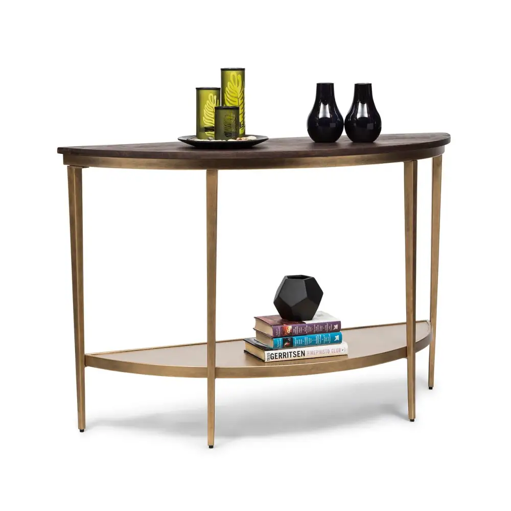 Dark French Brass Half Round Hallway Console Table with Wood Top - Furniture > Living Room