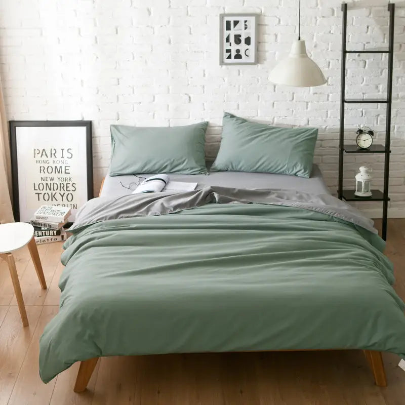 Dark Green And Grey Stitching Ultra-Soft Solid Color 4-Piece Bedding Set - Queen Size(Suitable for 2m bed) - Home &