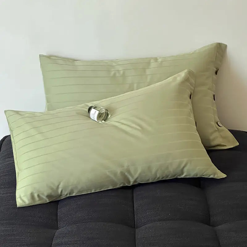Dark Green Wide Stripes Long Staple Cotton Sateen Pillowcase Set - Jacquard Striped Pure Cotton 48x74cm (Pair) - Home &