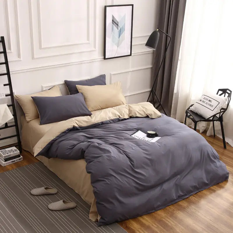 Dark Grey And Khaki Stitching Ultra-Soft Solid Color 4-Piece Bedding Set - Queen Size(Suitable for 2m bed) - Home &