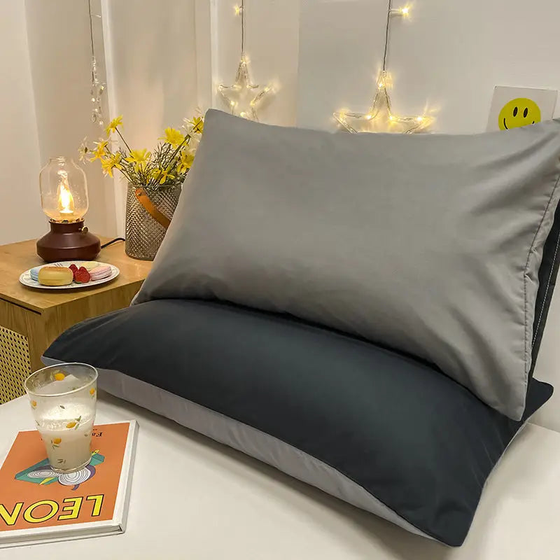 Dark Grey And Light Grey Washed Cotton Pillowcase Set - Solid Color Simple Two-Tone Design 48x74cm (Pair) - Home &