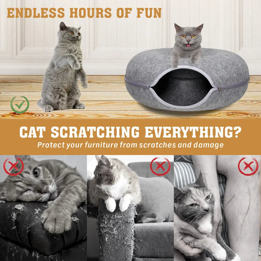 Dark Grey Cat Tunnel Bed Felt Pet Puppy Nest Cave House Toy Washable Detachable - Pet Care > Dog Supplies > Dog Beds
