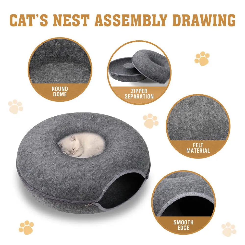 Dark Grey Cat Tunnel Bed Felt Pet Puppy Nest Cave House Toy Washable Detachable - Pet Care > Dog Supplies > Dog Beds